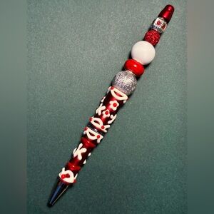 Handcrafted Red and White Beaded Pen